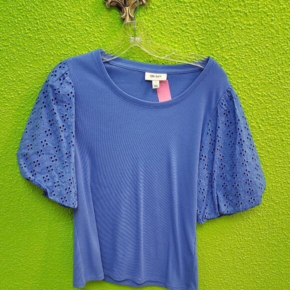 Blue Cropped Puff Sleeve Blouse - Picture 1 of 3